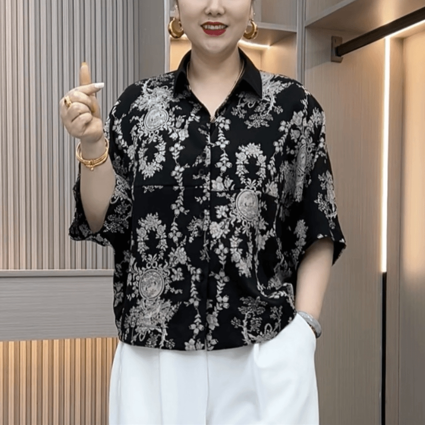 夏季中袖POLO领双扣碎花衬衫
