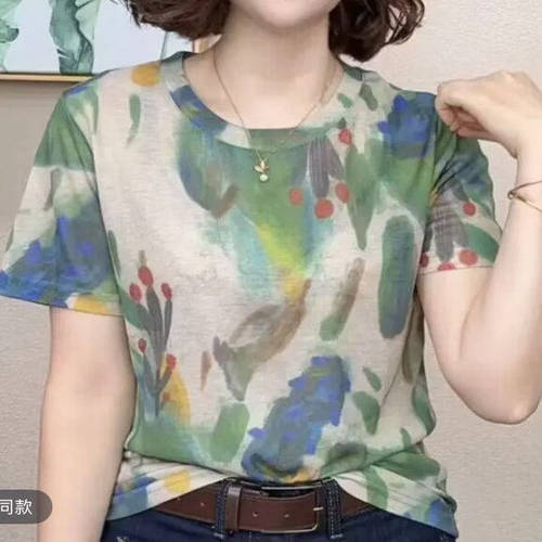 妈妈装天丝棉短袖T恤宽松显瘦