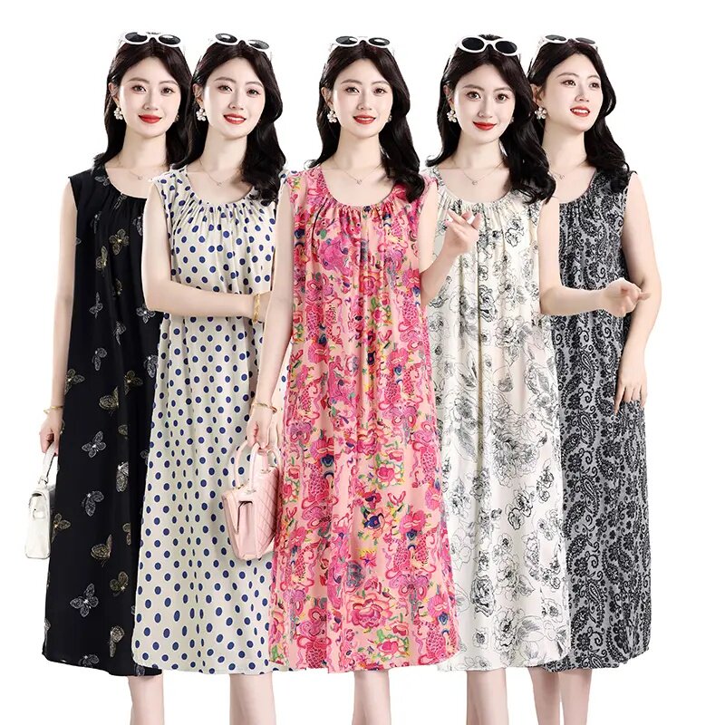 夏季棉绸无袖双口袋妈妈装睡裙