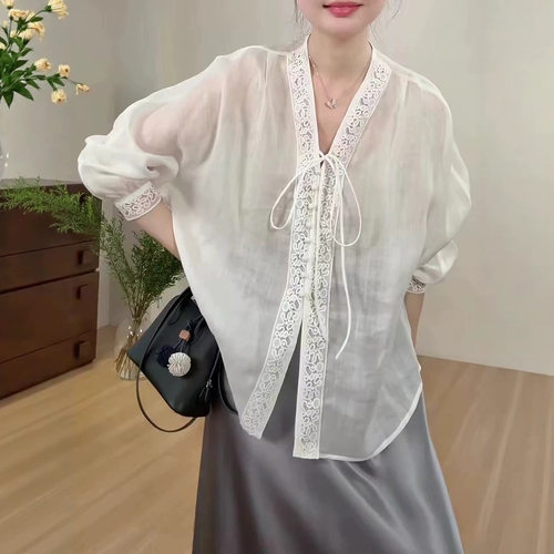 法式小众V领防晒长袖衬衫女