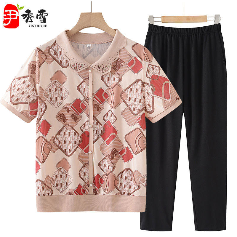 夏季冰丝妈妈短袖T恤九分裤套装