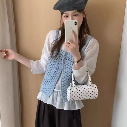 韩系甜美镂空针织马甲女早秋