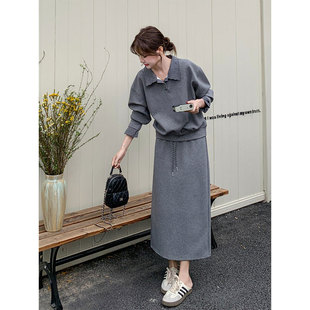 大码灰色假两件卫衣半身裙两件套女秋冬胖mm显瘦遮肉休闲裙子套装