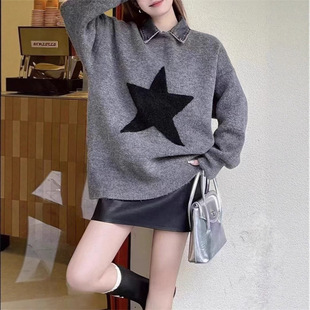 大码慵懒风假两件拼接打底毛衣女秋冬新款休闲宽松长袖上衣外套潮