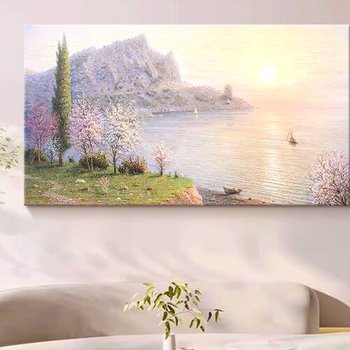 奔赴山海风景纯手绘油画客厅沙发背景墙装饰画玄关紫色治愈系挂画