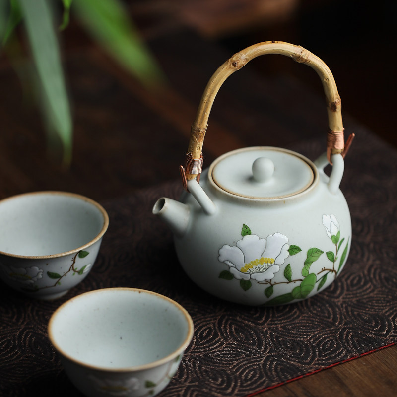 全手工手绘桃花绣球古朴粗陶功夫茶具大号提梁茶壶家用茶室泡茶壶
