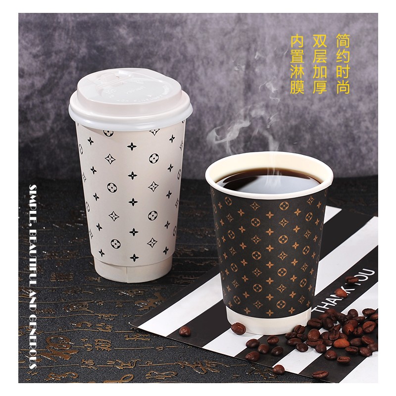 8A一次性咖啡奶茶纸杯防烫双层冷热饮瓦楞杯子螺纹包邮外卖可带盖