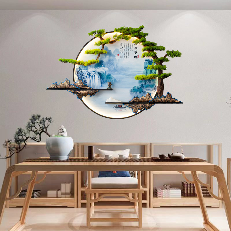 新中式背景墙装饰画客厅茶室玄关迎客松带灯立体挂画