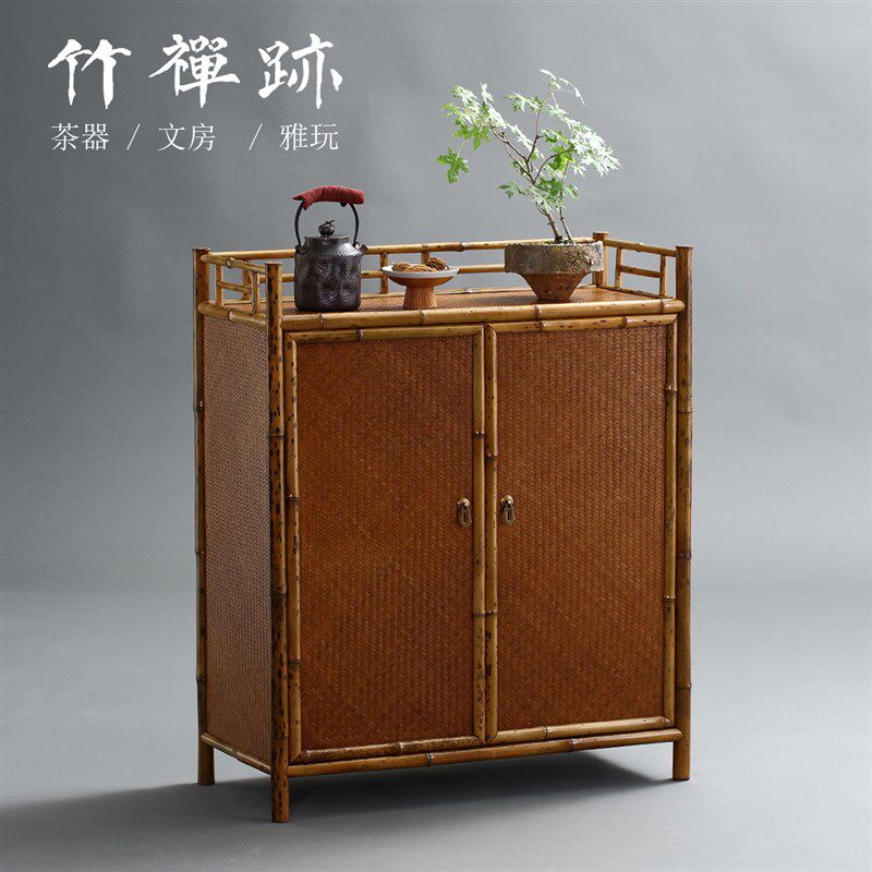 竹禅迹老料梅鹿竹茶柜 茶具收纳展示茶棚带柜门明式家具落地柜