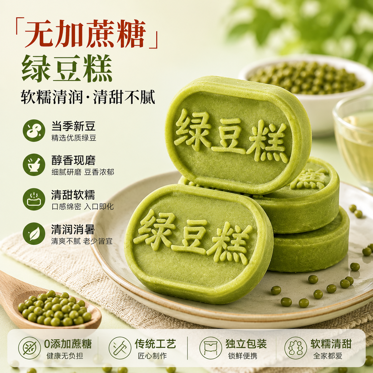 绿豆糕糕点饼无糖精零食糖尿病人专用休闲小吃食品老式正宗非冰皮