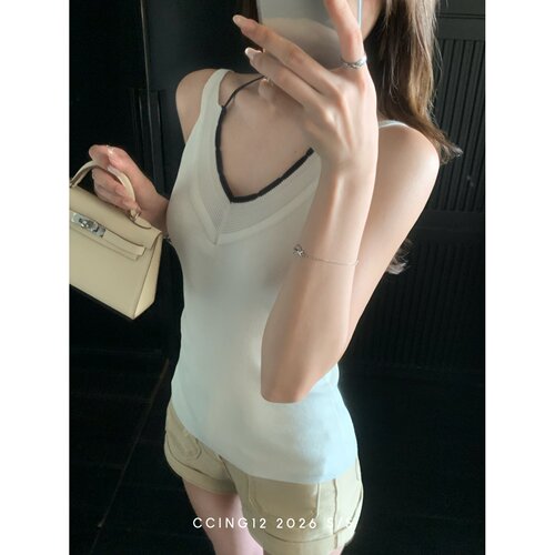 Ccing12【轻氧呼吸】韩系辣妹撞色挂脖针织背心简约休闲百搭上衣