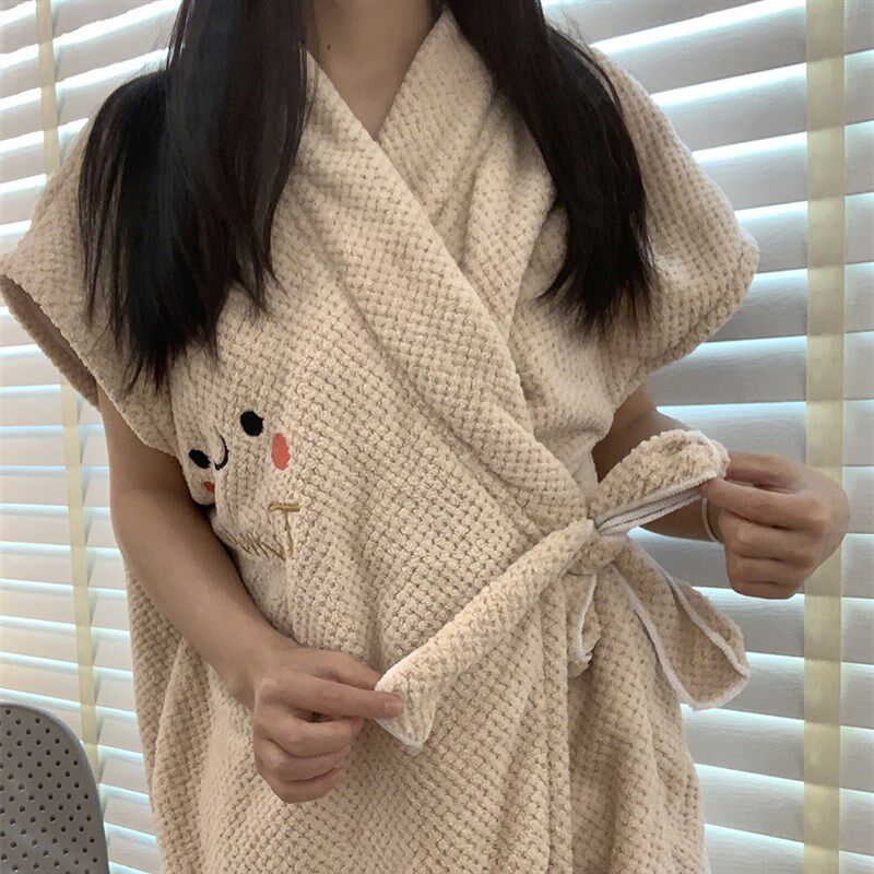 可爱笑脸懒人浴巾式浴袍女夏季可穿可裹家用吸水洗澡裹巾绑带浴衣