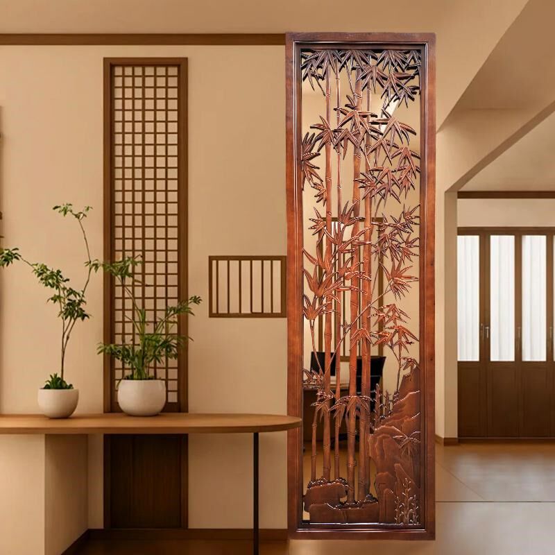 东阳木雕中式实木椴木香樟木雕花隔断屏风玄关电视背景墙竹报平安