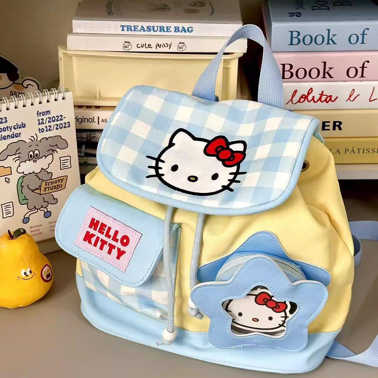 多巴胺Kitty格子抽绳双肩包可爱卡通少女凯蒂猫学院风通勤百搭包