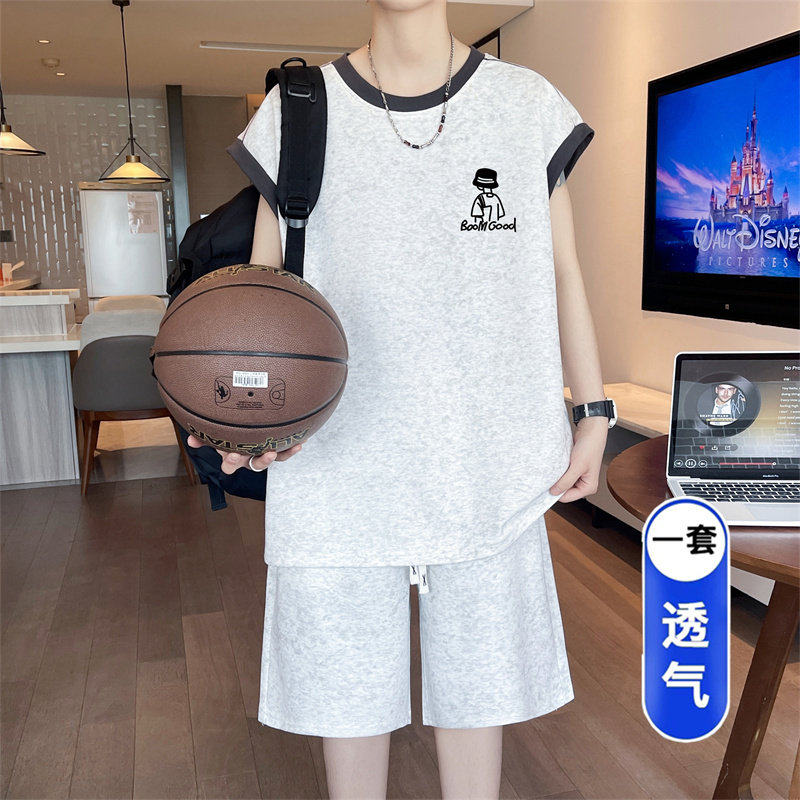 2026夏季青少年时尚休闲两件套卡通小人印花设计宽松百搭男生套装