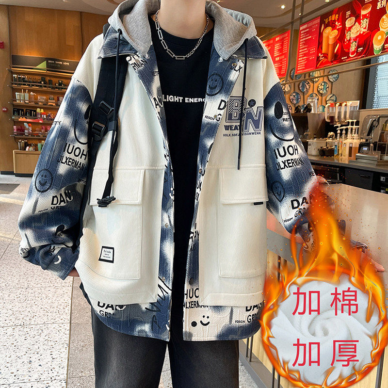 扎染字母印花可脱卸帽设计棉衣