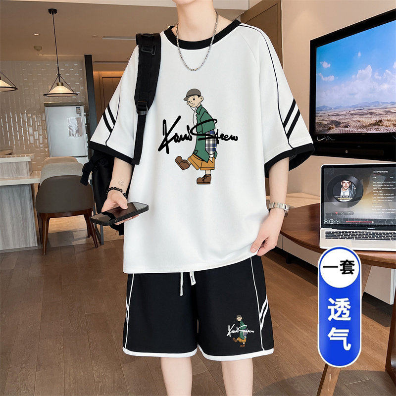 卡通少年人物印花条纹插肩短袖短裤套装男夏季透气宽松学生两件套