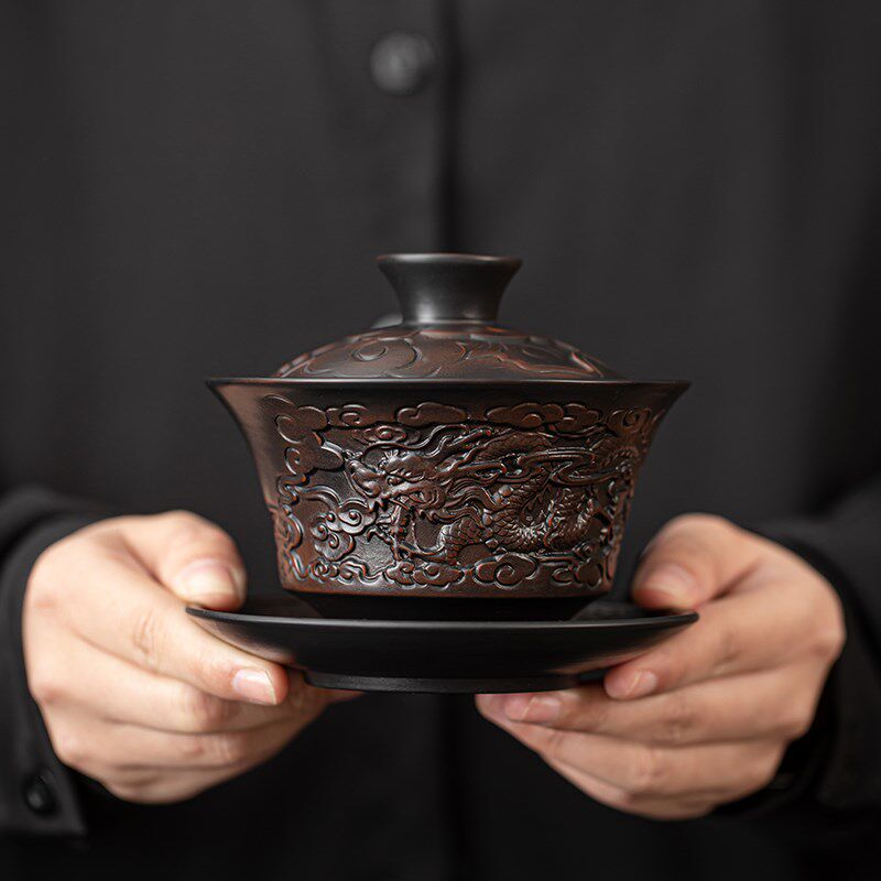 蕴华堂清溪紫陶大号三才盖碗立体浮雕泡茶碗功夫茶具高档陶瓷茶碗