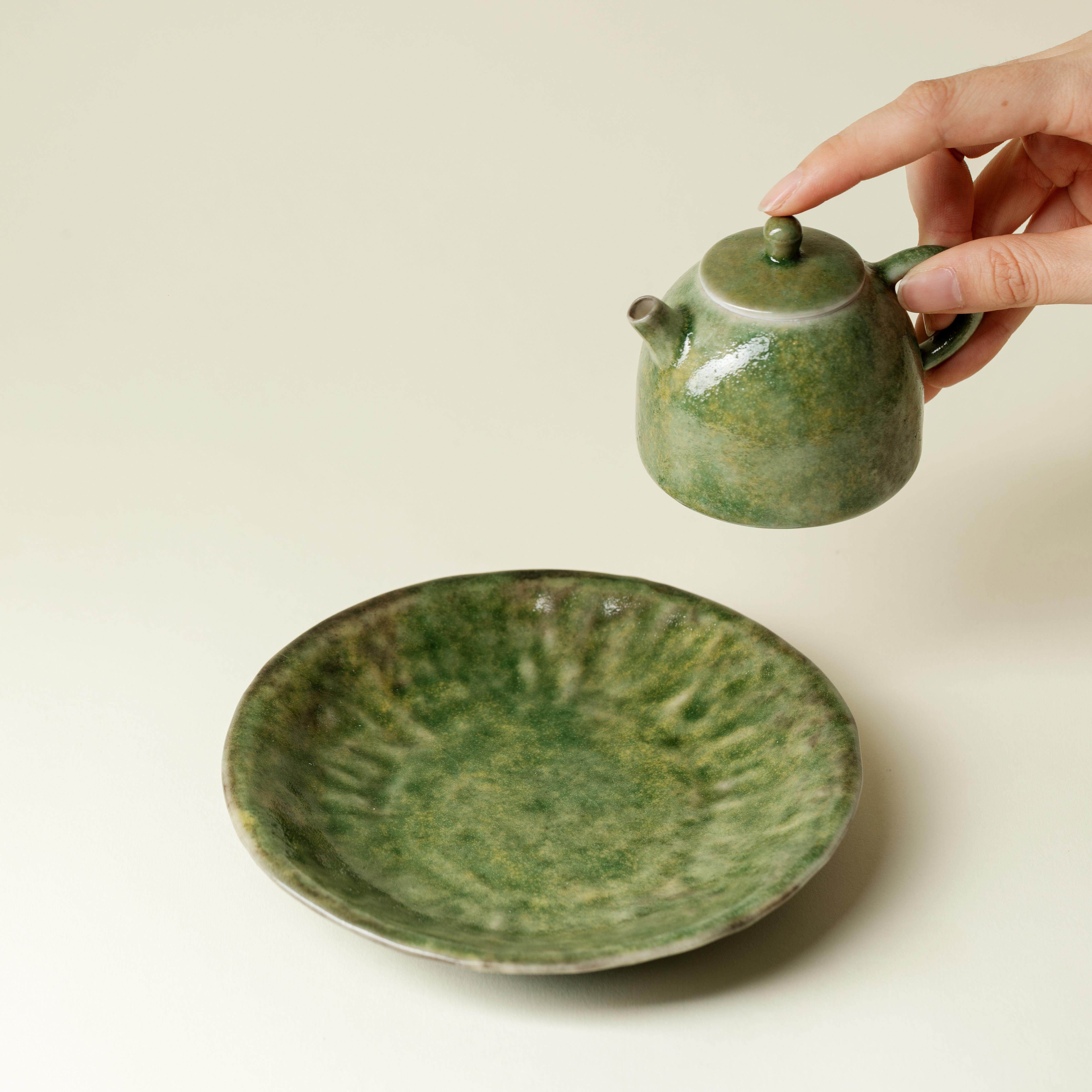 由至1446善物茶苔绿志野烧泡陶瓷茶壶承复古窑变圆形干盘托壶托小