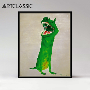 简欧现代玄关装饰画当代艺术画办公室挂画周春芽油画版画 绿狗3号