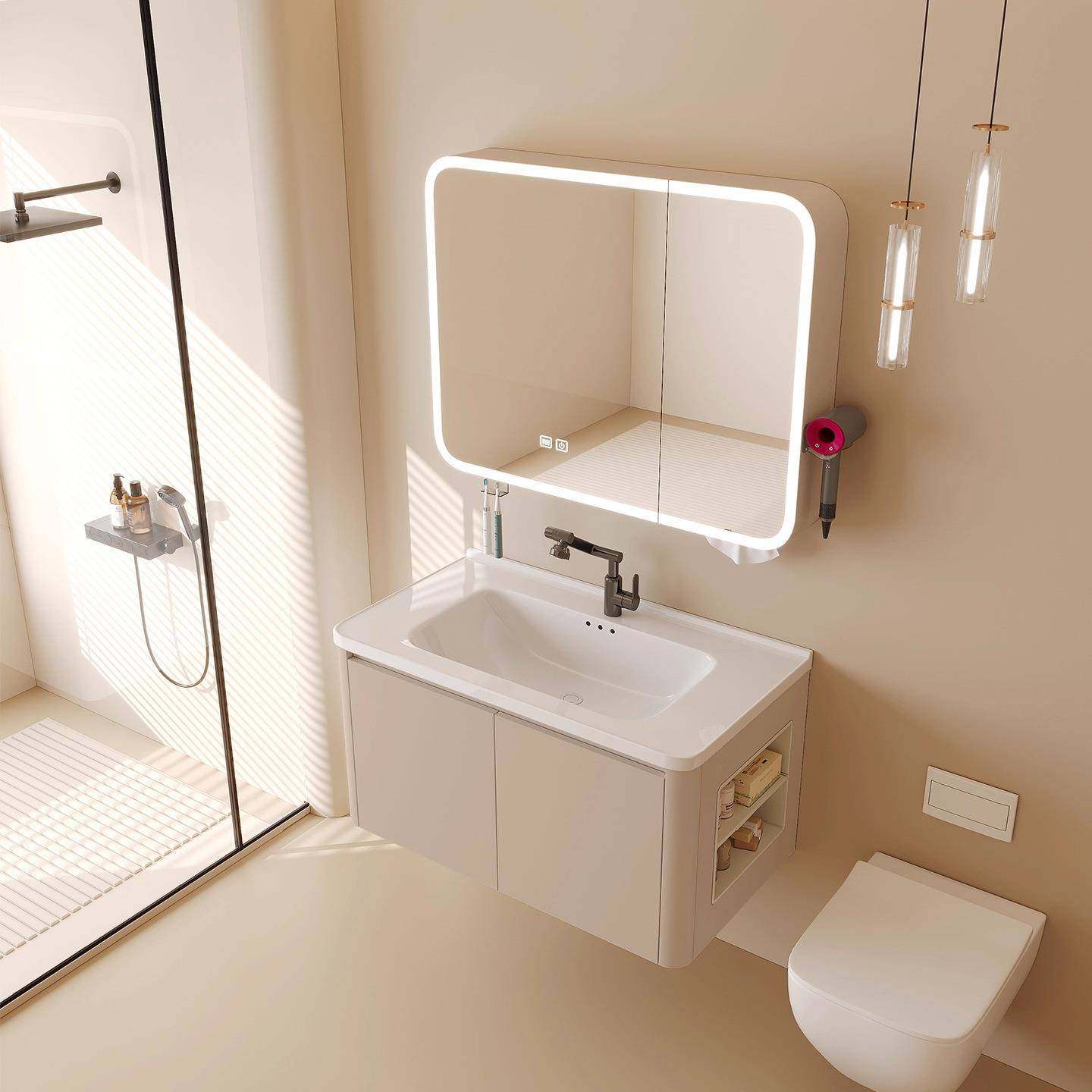 奶油风蜂窝铝浴室柜组合卫生间陶瓷一体洗手洗脸盆智能美妆带侧柜