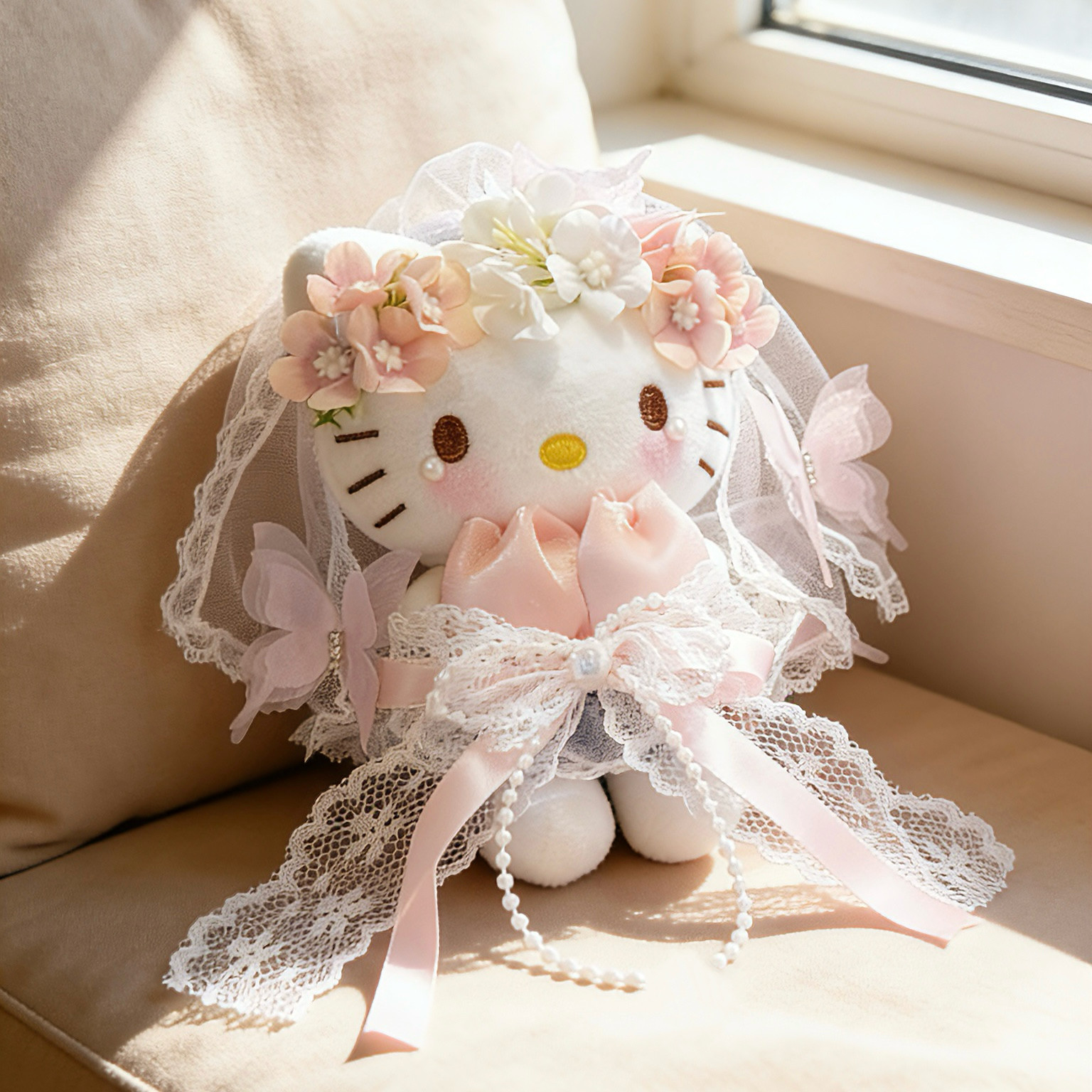 正版三丽鸥哈喽hellokitty蝴蝶婚纱毛绒玩具凯蒂猫生日礼物公仔