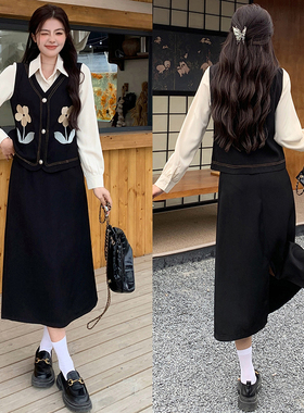 实拍大码女装2026春夏新款韩版减龄花朵刺绣假两件上衣半身裙套装