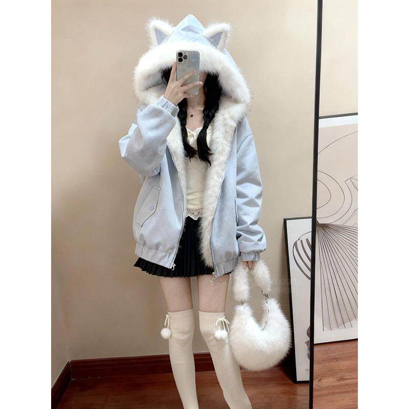 可爱少女蓝色猫耳朵毛领连帽双面可穿棉服女冬季新款宽松保暖外套