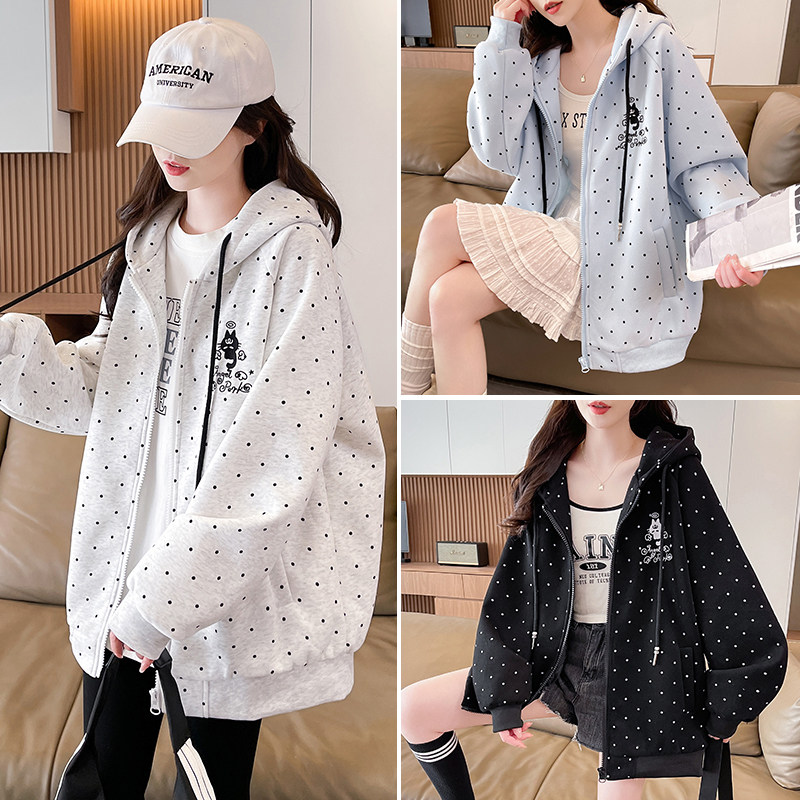 学生外套春季新款休闲运动风波点印花连帽卫衣开衫宽松夹克上衣女