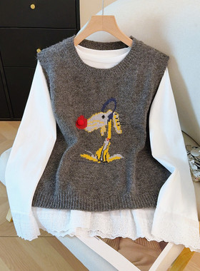 实拍2026春装新款卡通针织马甲衬衫两件套女氛围感叠穿上衣套装