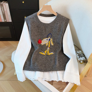 实拍2026春装新款卡通针织马甲衬衫两件套女氛围感叠穿上衣套装