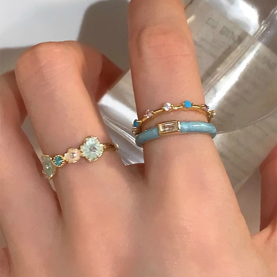 冰川薄荷色贝母珐琅蓝戒指女小众