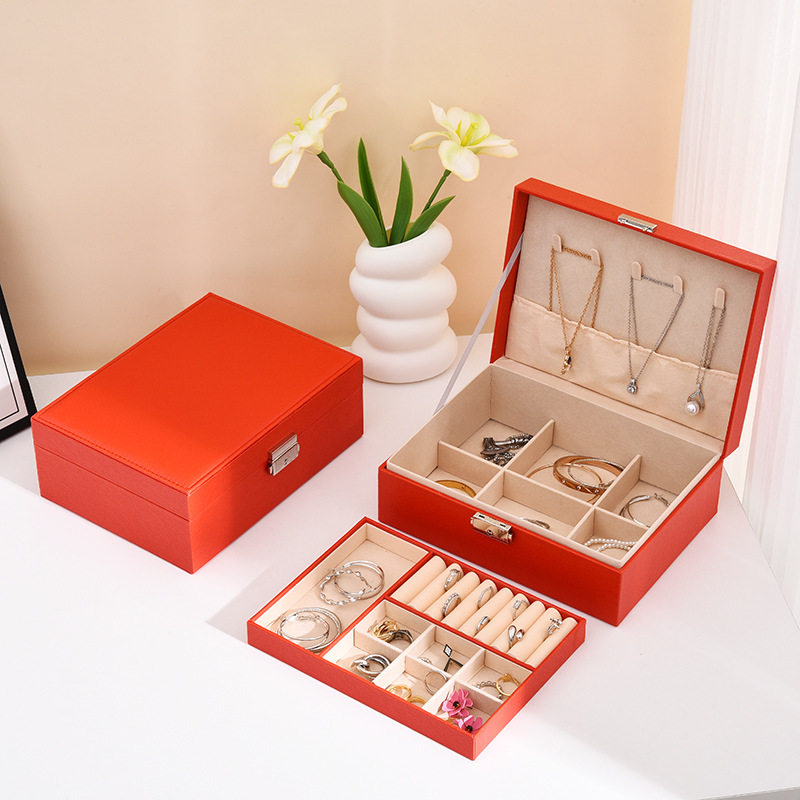 双层首饰盒大容量皮革带锁饰品收纳盒耳钉珠宝戒子项链手镯收纳盒