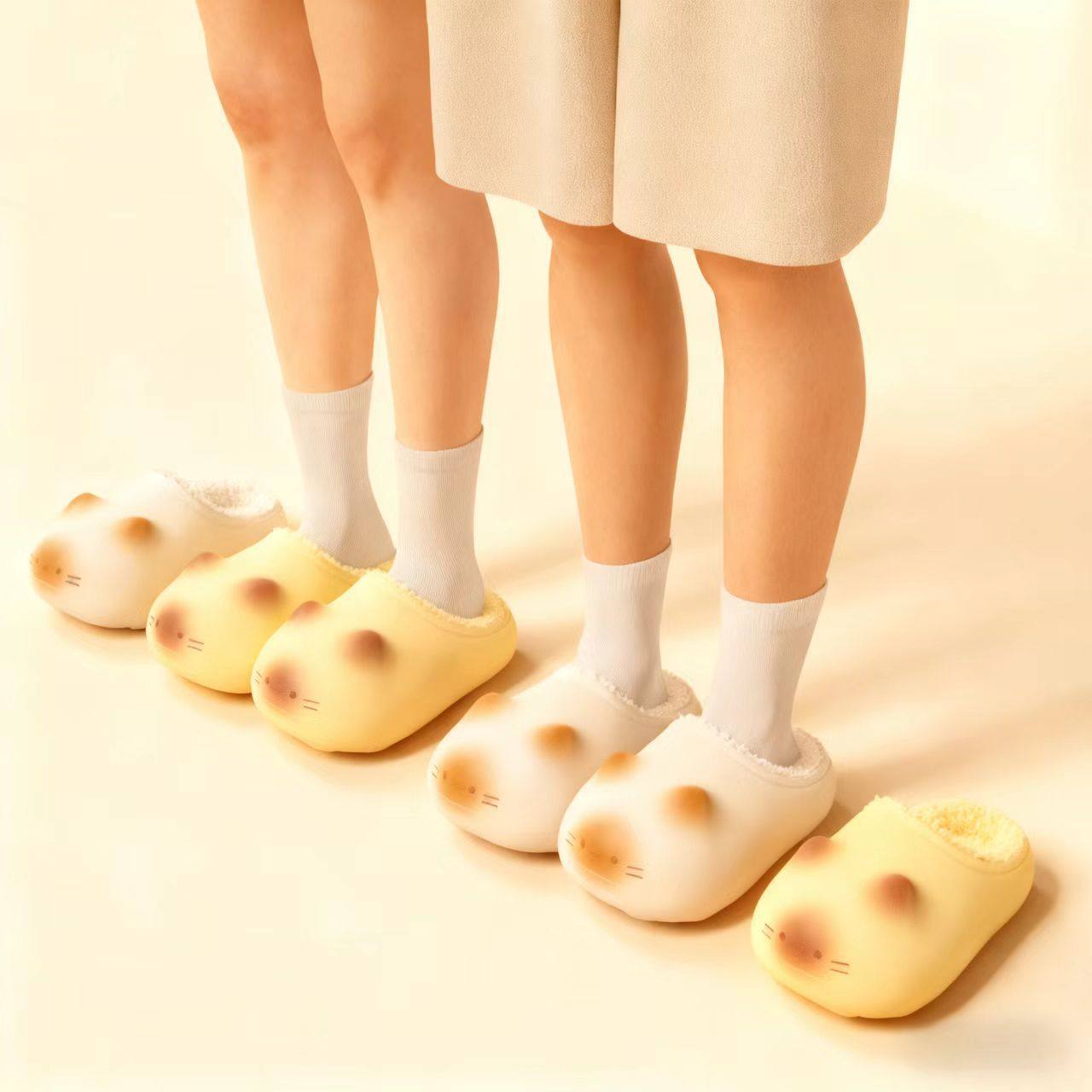 可爱小猫脚印防水棉拖鞋女冬季加绒保暖情侣居家厚底秋冬鞋批