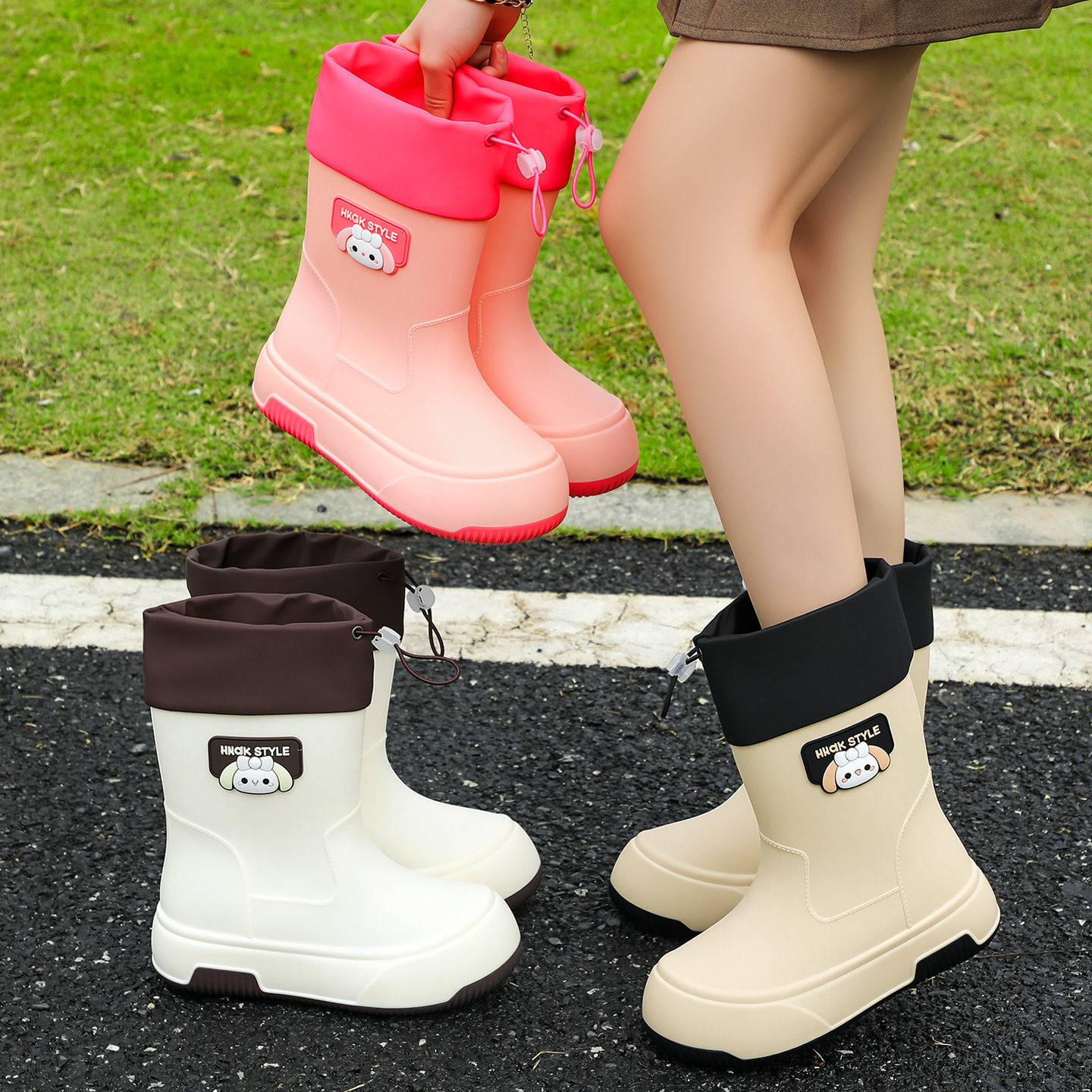 新款雨鞋女款时尚加绒可爱防滑中筒成人雨靴耐穿厨房胶鞋水鞋防水