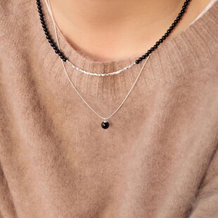 天然黑玛瑙碎银针项链双层叠戴轻奢小众简约锁骨链2026新毛衣颈链