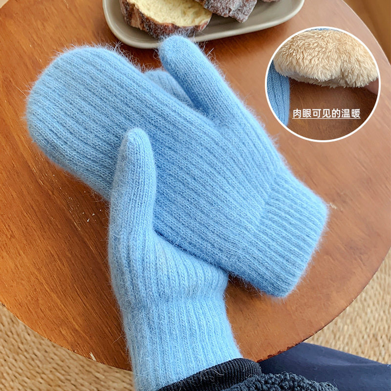 毛绒连指手套女士冬季可爱加绒加厚兔毛保暖毛茸茸学生骑行防寒冻