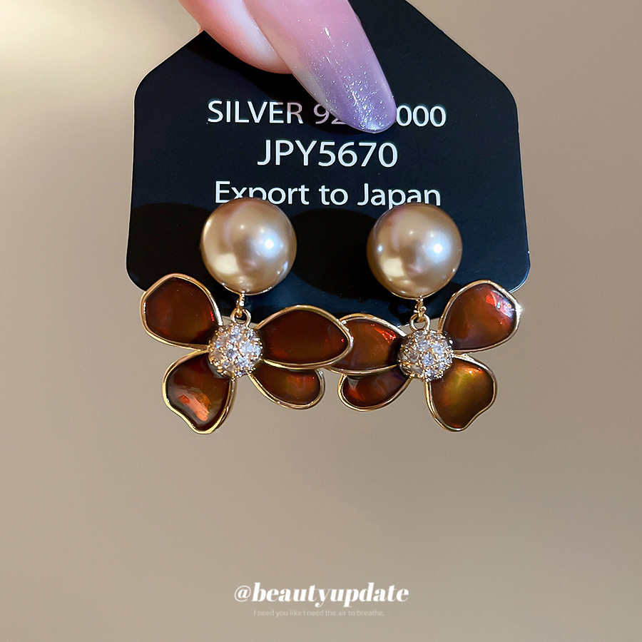 电镀金色银针锆石滴油花朵珍珠耳钉复古小众设计感耳环耳饰女,饰品/流行首饰/时尚饰品新,耳钉,淘宝优惠券,粉丝福利购,淘宝优惠卷