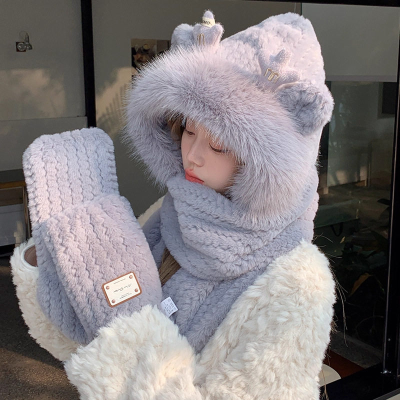 帽子女秋冬季可爱毛绒帽加厚保暖围巾一体连帽围脖手套三件套,服饰配件/皮带/帽子/围巾,三件套,淘宝优惠券,粉丝福利购,淘宝优惠卷