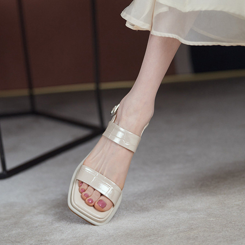 真皮松糕坡跟凉鞋女夏仙女风一字带罗马舒适厚底鱼嘴中跟气质女鞋