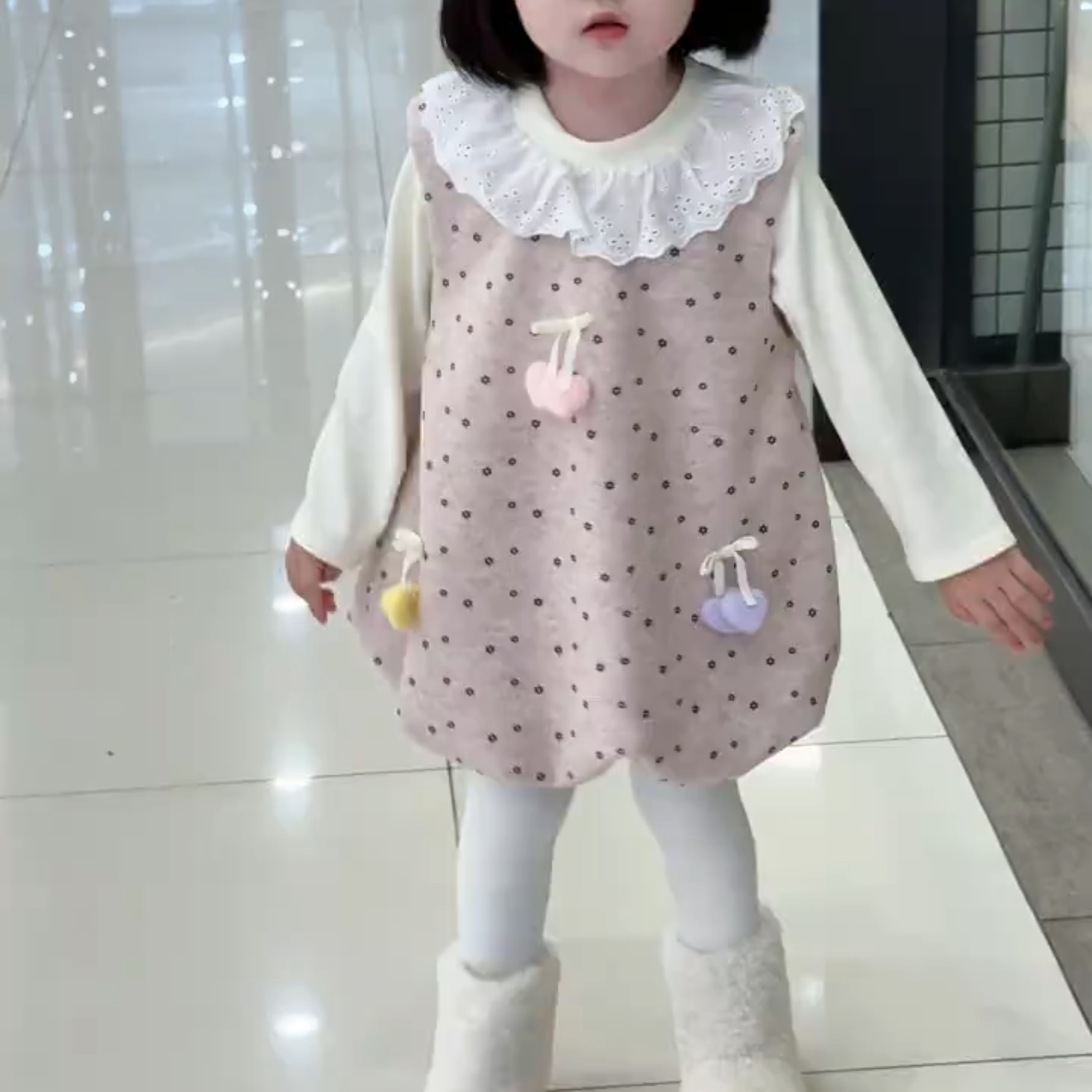 女童春秋花边领两件套宝宝可爱樱桃爱心背心裙长袖T恤套装