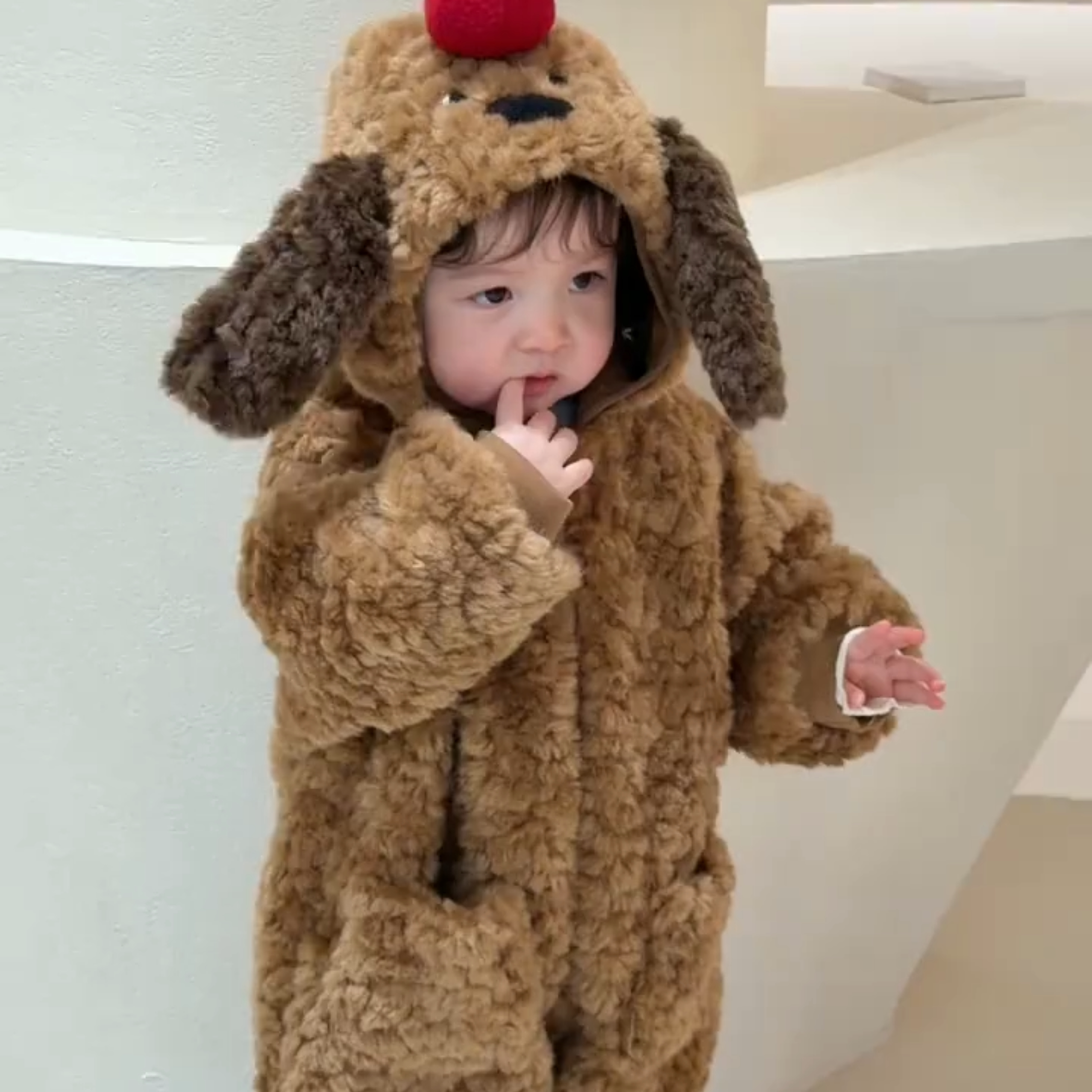 婴儿秋冬毛绒连体衣男女宝宝可爱长耳朵加绒加厚连帽外出爬服哈衣
