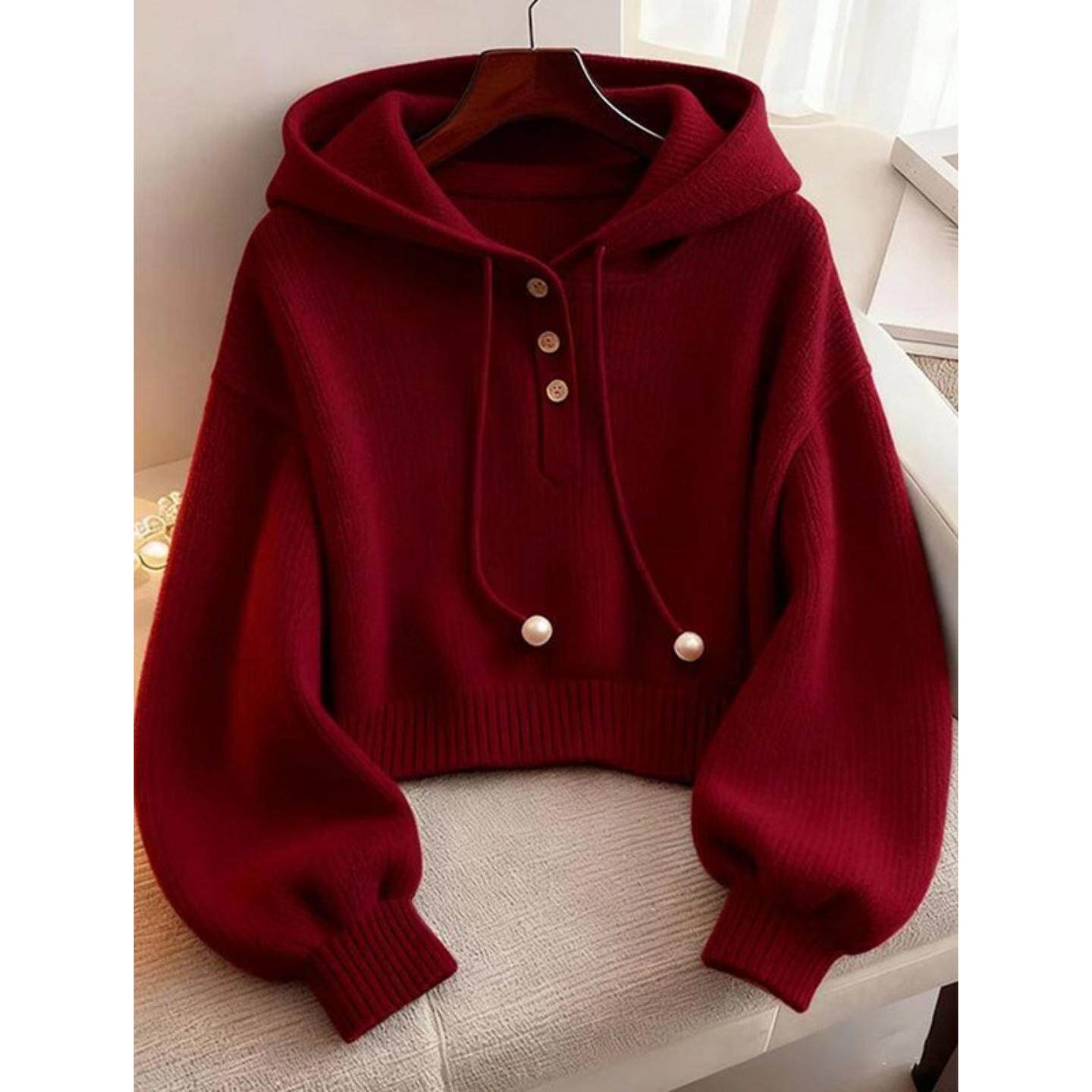 红色连帽针织卫衣女冬季2026马年本命年衣服内搭短款软糯毛衣上衣
