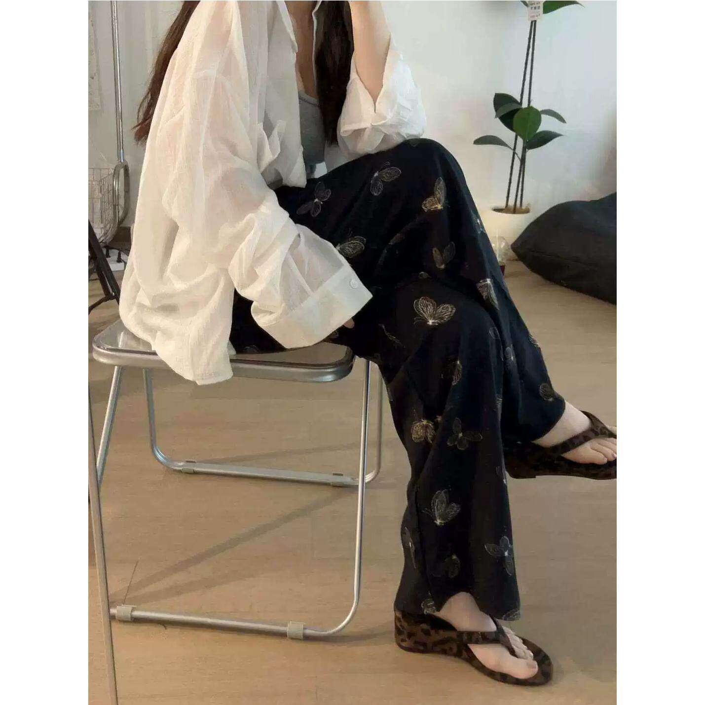 蝴蝶遛弯裤黑色裤子垂坠感仙女凉凉裤阔腿裤慵懒风防蚊裤宽松舒适