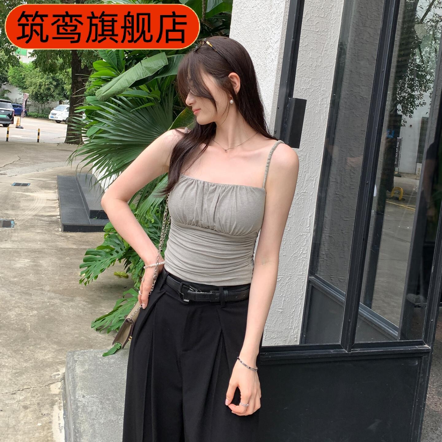 欧货纯欲风抽褶细肩带吊带背心女