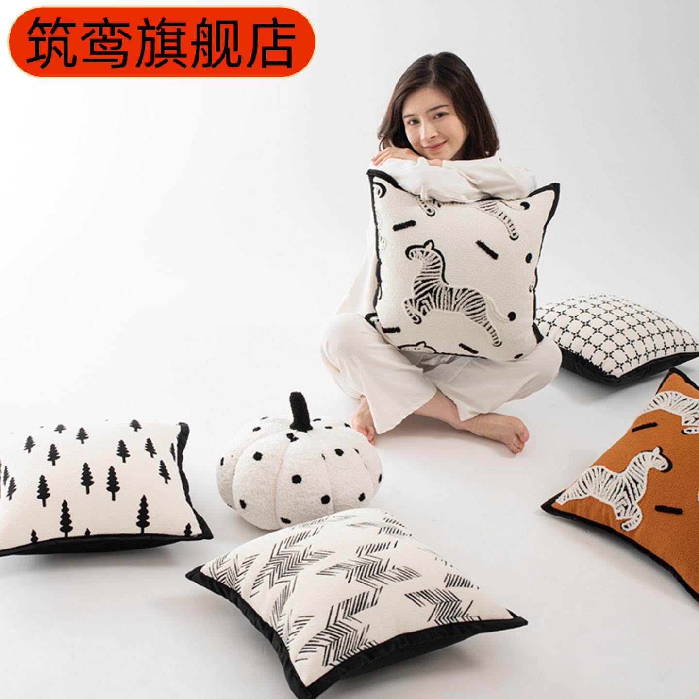 法式奶油风抱枕靠垫沙发客厅黑白轻奢高级感靠枕套超大号靠背垫罩