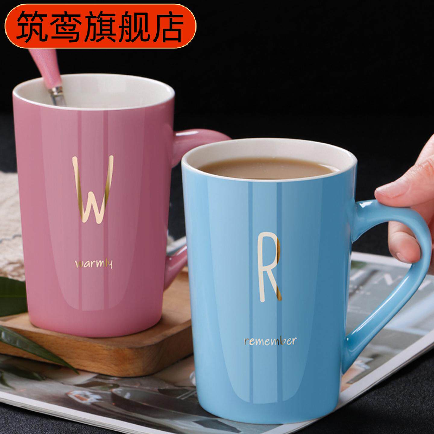 热卖字母陶瓷马克杯套装带盖勺30