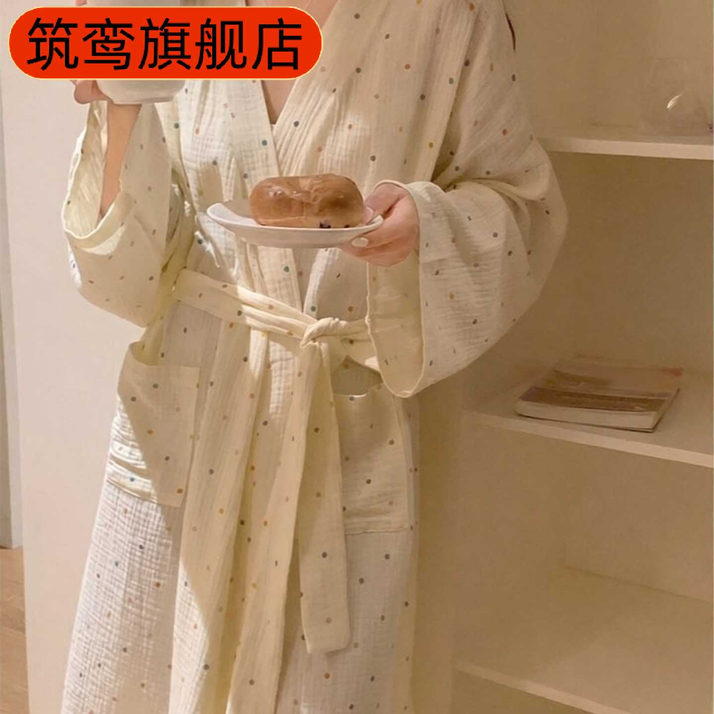 简约小清新圆点印花女睡袍浴袍|