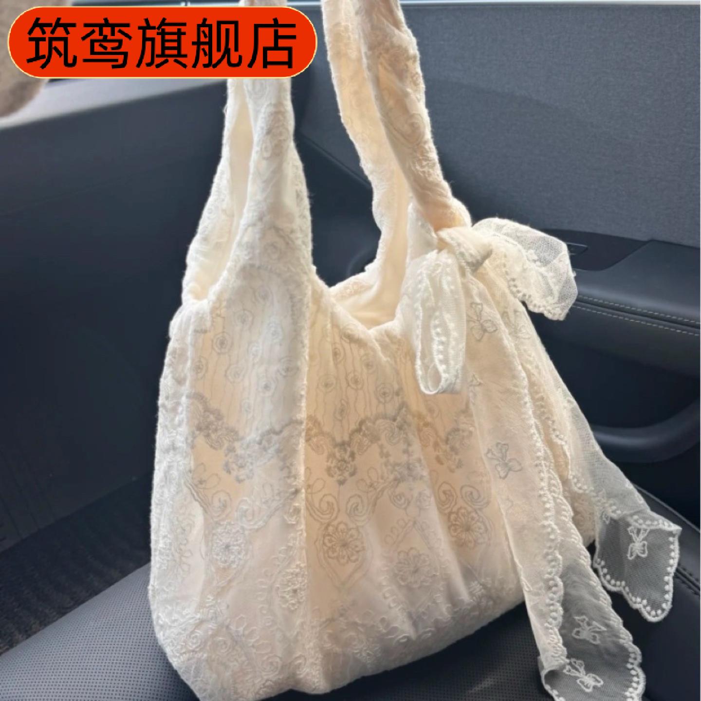韩系小清新蕾丝花朵帆布包女新款