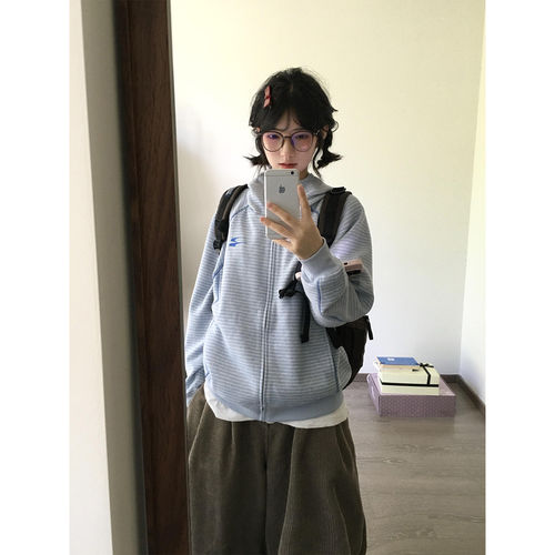 连帽哈苏线条纹运动开衫